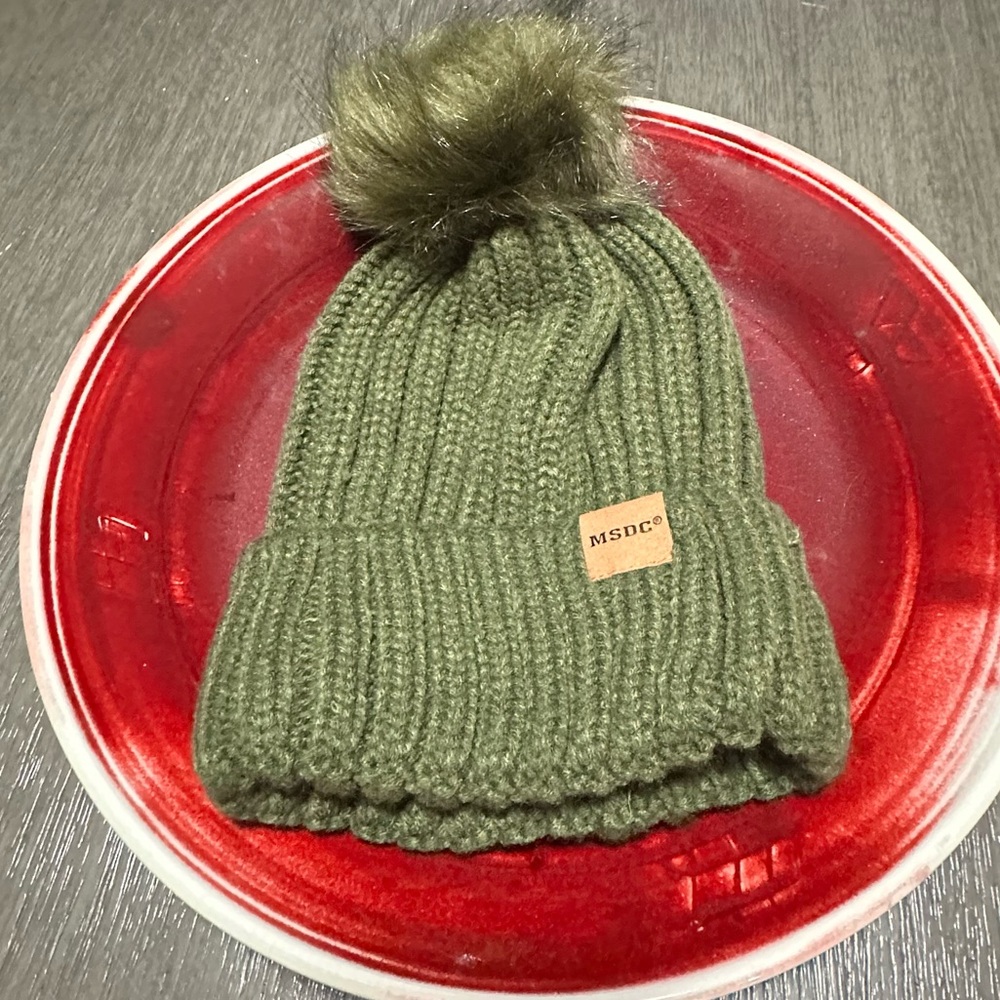 Brand New MSDC Women's Knit Olive Green Beanie featuring a Playful Pom-Pom